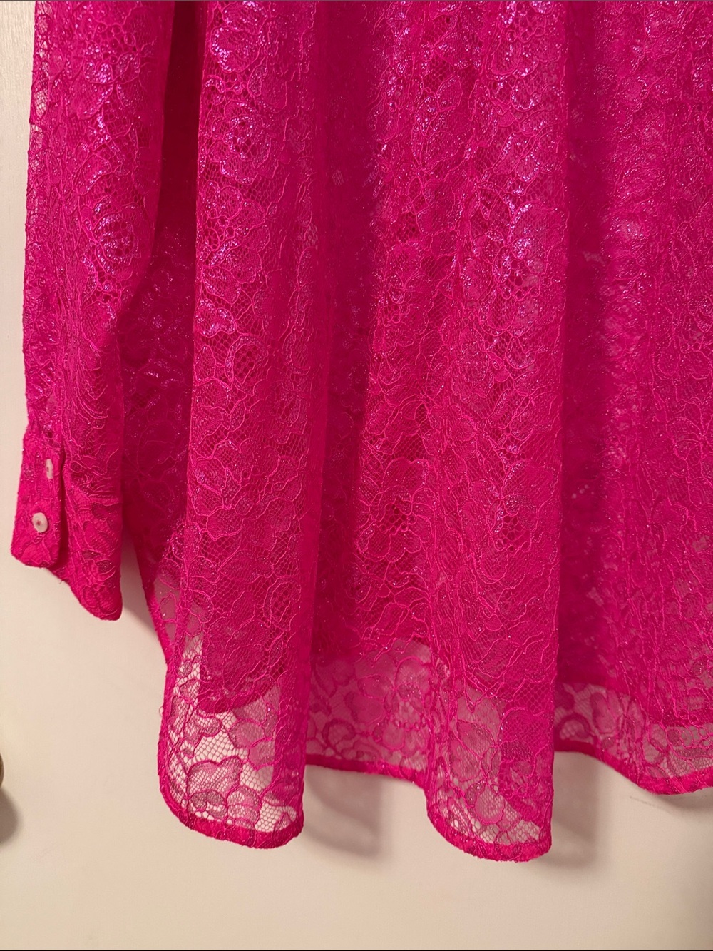 Anthro Anthropologie Glitter Lurex Hot Pink Lace Button Up Blouse Shirt Plus 3X - Picture 9 of 12